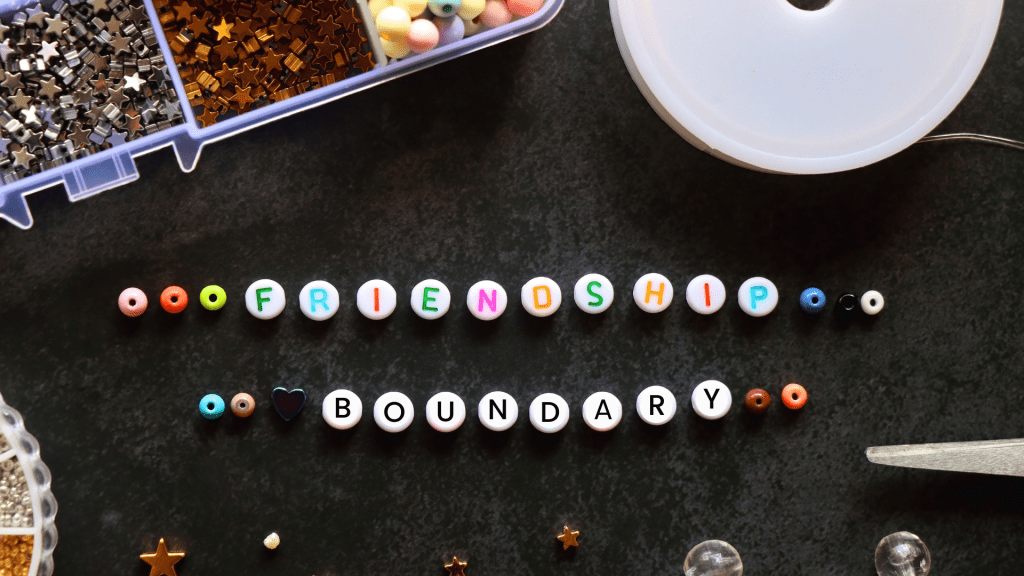 Two colourful friendship bracelets with lettered beads that spell: friendship boundary